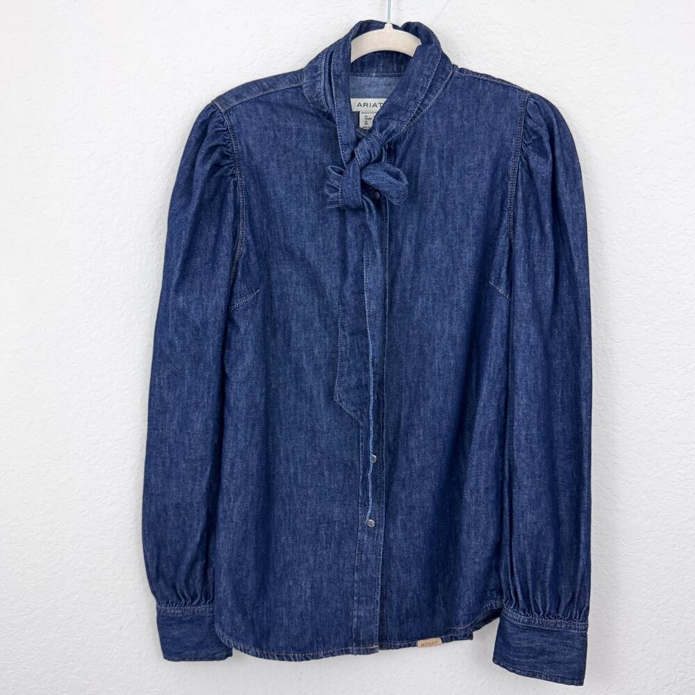 Ariat Womens Puff Sleeve Denim Snap Shirt Size M 100% Cotton Storm Dark Blue